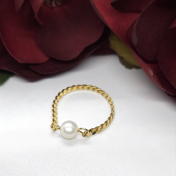 Handmade Genuine White Pearl & Gold Chain Link Ring Handmade by me Size 12 - Picture 7 of 10
